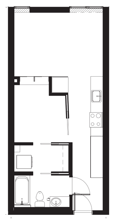 a floor plan of a small house with a kitchen and a living room